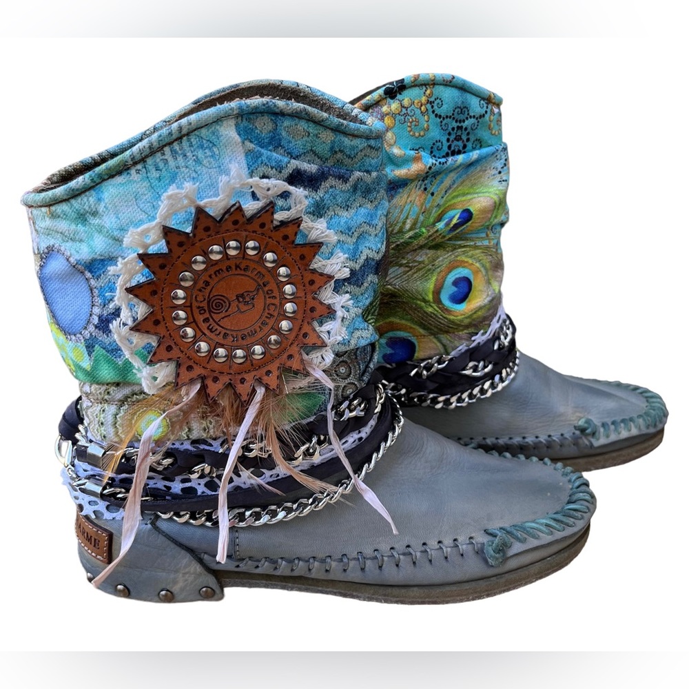 Boho Peacock Embellished Ankle Booties - Turquoise Blue